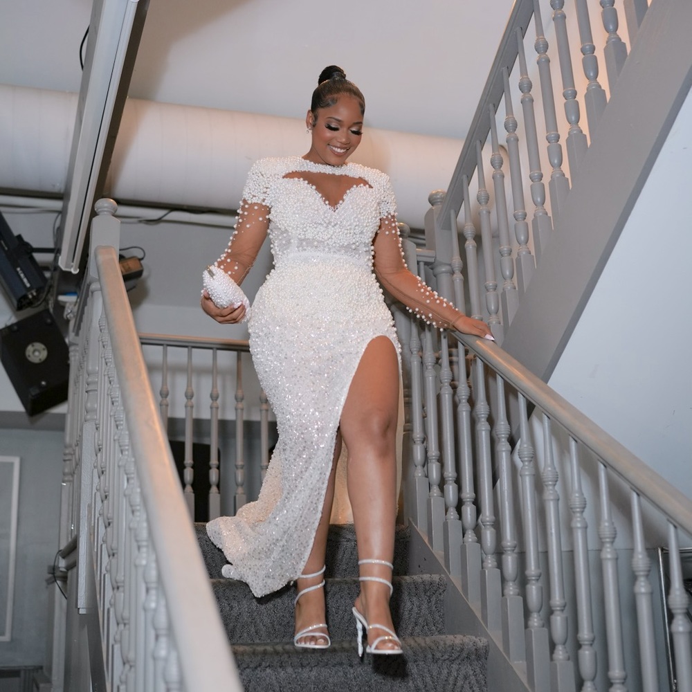 Custom Gorgeous Pearl covered Prom Dress created by Designer Brittany Deshields